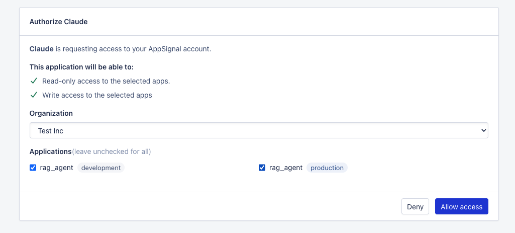 AppSignal authorization screen for Claude, with organization and application selectors and an Allow access button