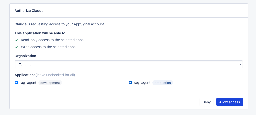 AppSignal authorization screen for Claude, with organization and application selectors and an Allow access button