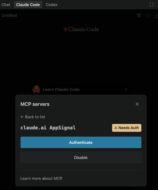 Claude Code MCP server detail view for claude.ai AppSignal, with the Authenticate button and a Needs Auth badge