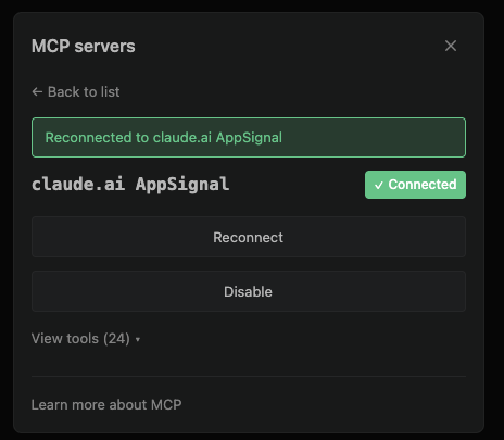 Claude Code MCP server detail view showing a Reconnected to claude.ai AppSignal notice and a Connected badge