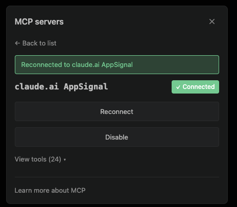 Claude Code MCP server detail view showing a Reconnected to claude.ai AppSignal notice and a Connected badge