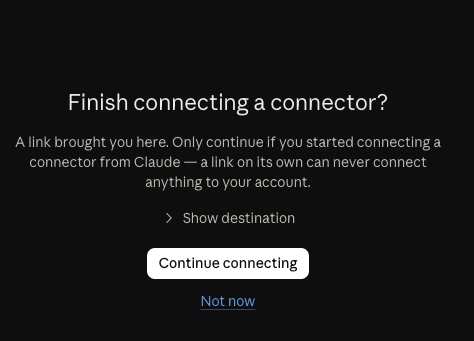 Claude browser page asking to finish connecting a connector, with a Continue connecting button