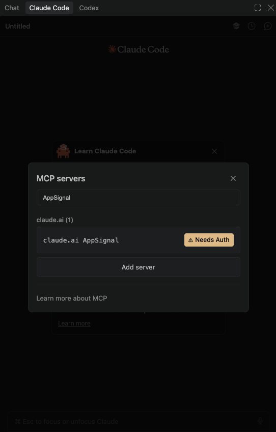 Claude Code MCP servers list showing claude.ai AppSignal with a Needs Auth badge