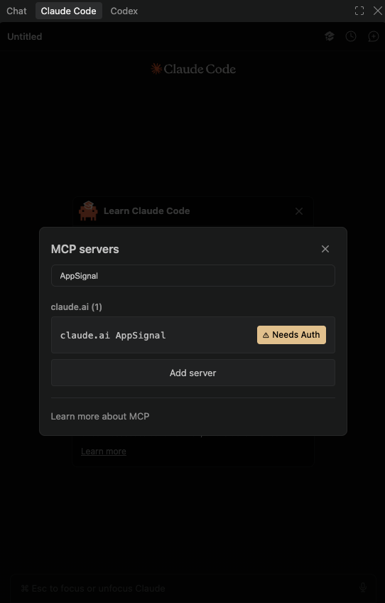Claude Code MCP servers list showing claude.ai AppSignal with a Needs Auth badge
