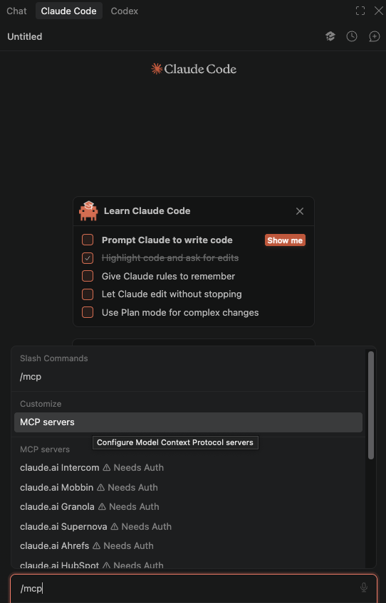 Claude Code in VS Code showing the slash-command picker for /mcp and the MCP servers list