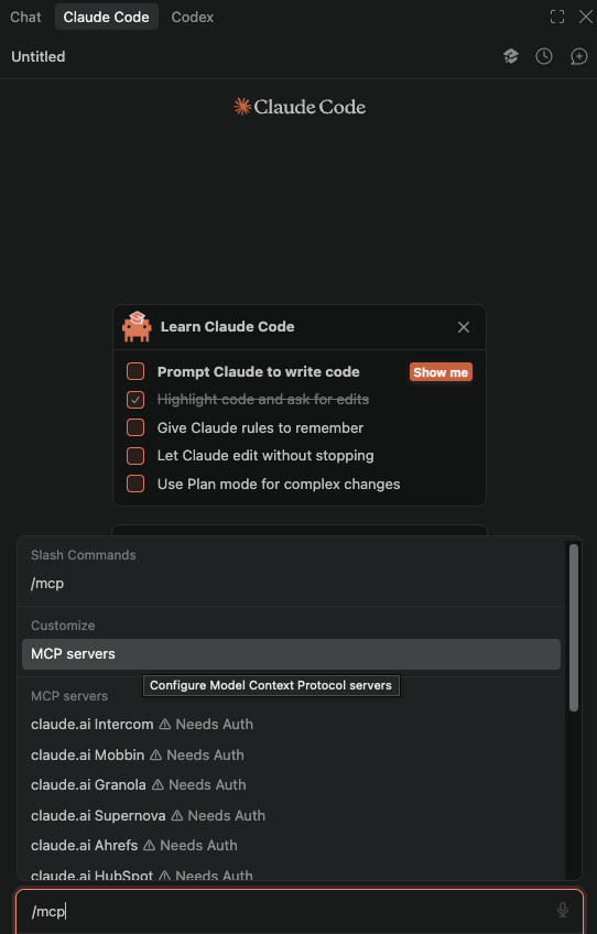 Claude Code in VS Code showing the slash-command picker for /mcp and the MCP servers list