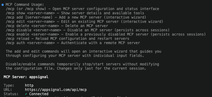Terminal output for /mcp show appsignal, showing the AppSignal server with Status Connected