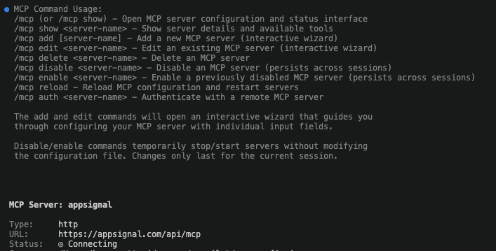 Terminal output for /mcp show appsignal, showing the AppSignal server with Status Connecting