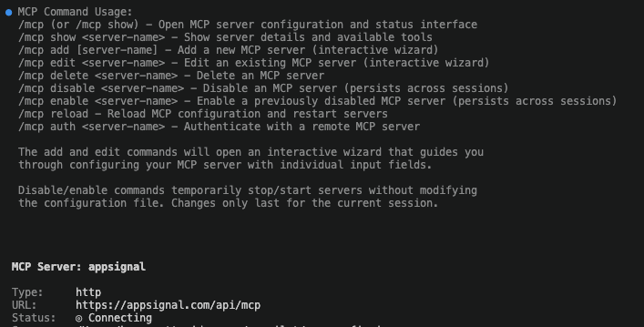 Terminal output for /mcp show appsignal, showing the AppSignal server with Status Connecting