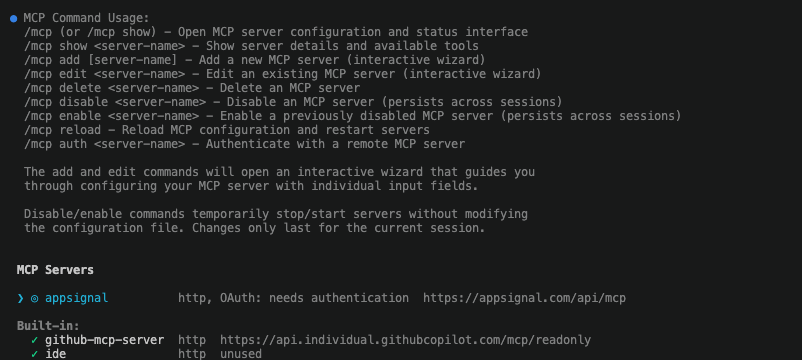 Terminal output for /mcp, listing AppSignal as an HTTP MCP server with OAuth needing authentication