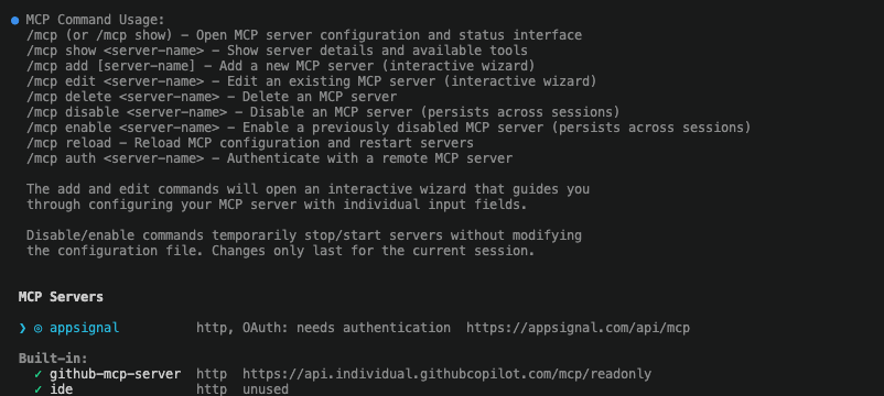 Terminal output for /mcp, listing AppSignal as an HTTP MCP server with OAuth needing authentication