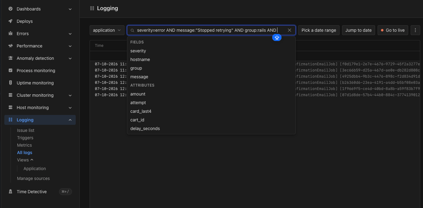 Logs query bar containing a typed query that ends in AND, with a dropdown listing the fields severity, hostname, group, and message, then attributes such as amount, attempt, and cart_id
