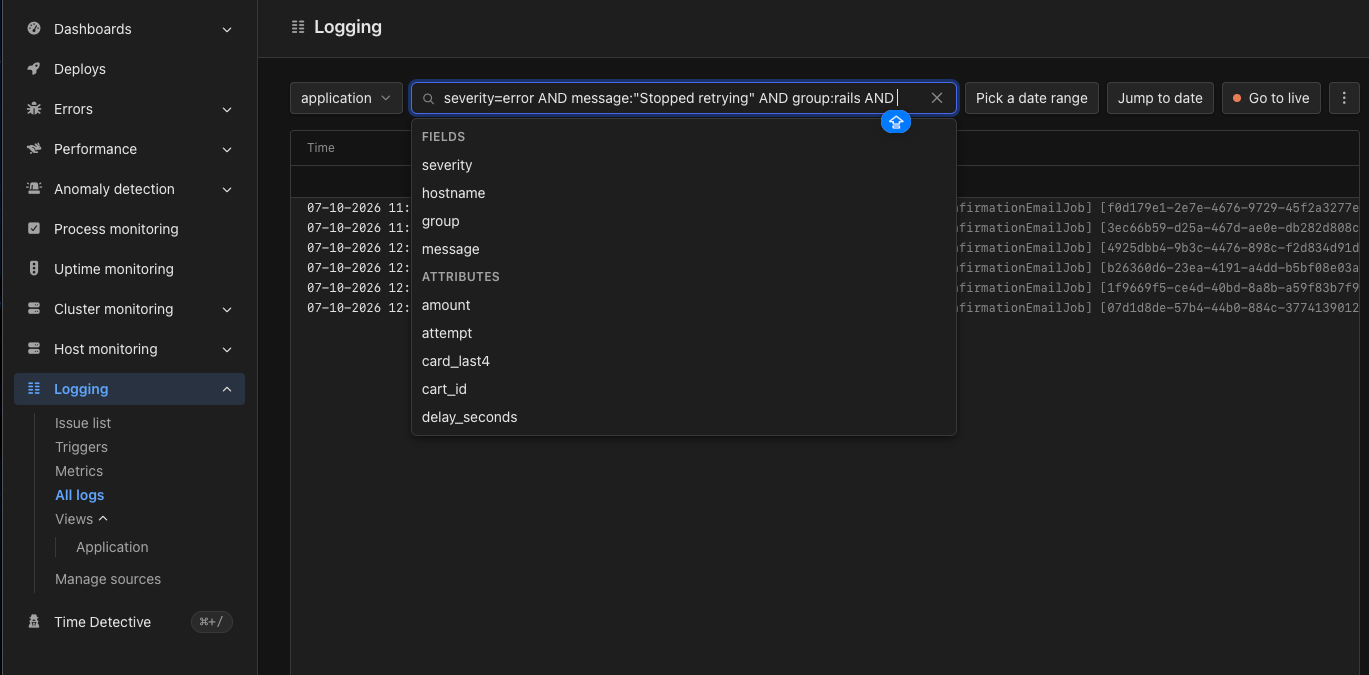 Logs query bar containing a typed query that ends in AND, with a dropdown listing the fields severity, hostname, group, and message, then attributes such as amount, attempt, and cart_id