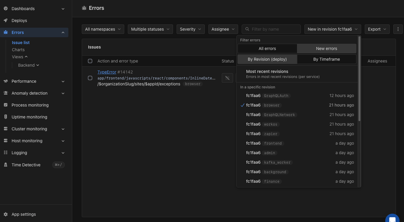 Errors filter open on the errors page, showing the All errors and New errors switch, the By Revision (deploy) and By Timeframe tabs, and a list of recent revisions