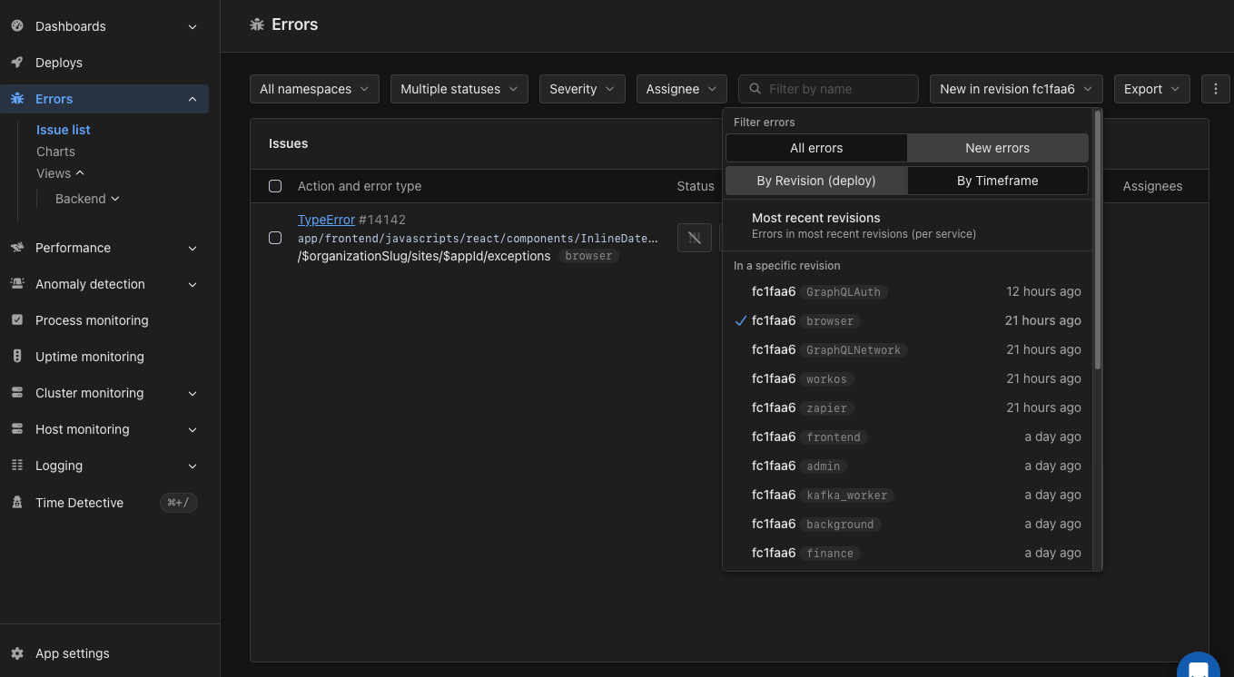 Errors filter open on the errors page, showing the All errors and New errors switch, the By Revision (deploy) and By Timeframe tabs, and a list of recent revisions