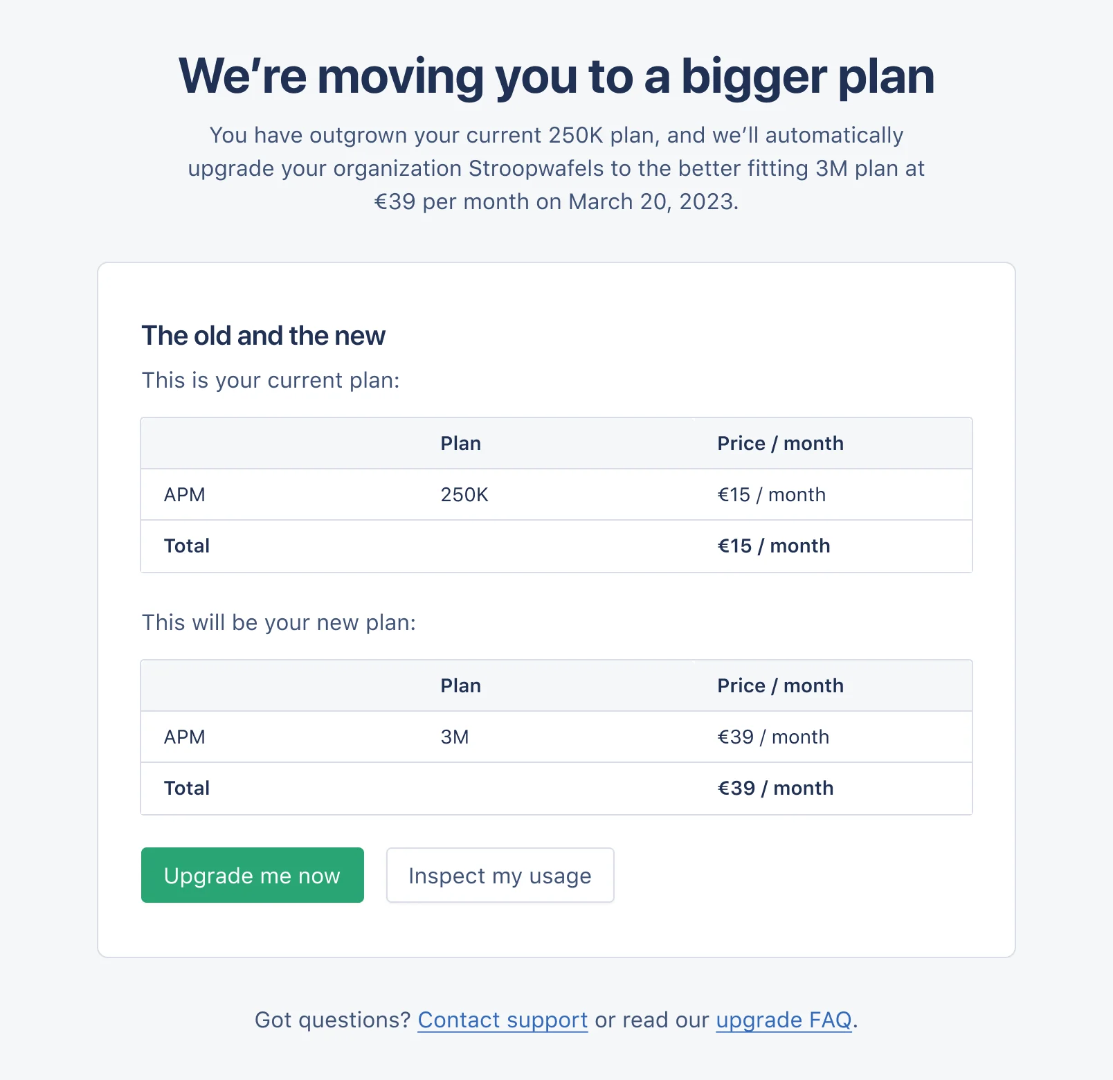 Screenshot of upgrade page