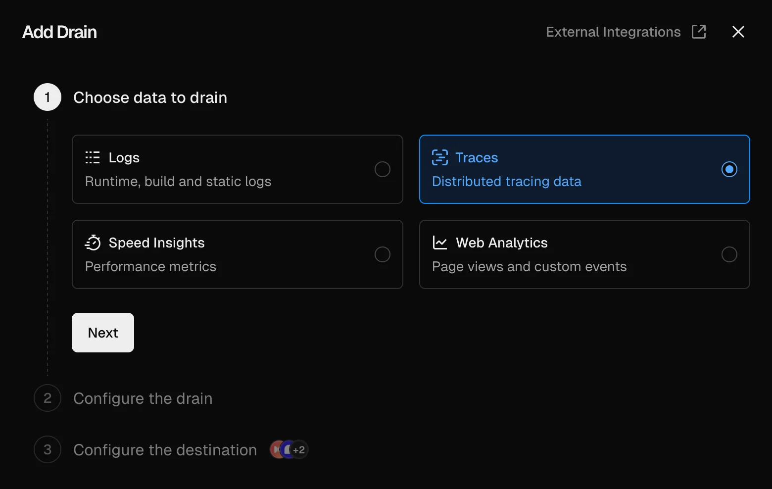 Screenshot of "Add Drain" step in the Vercel UI