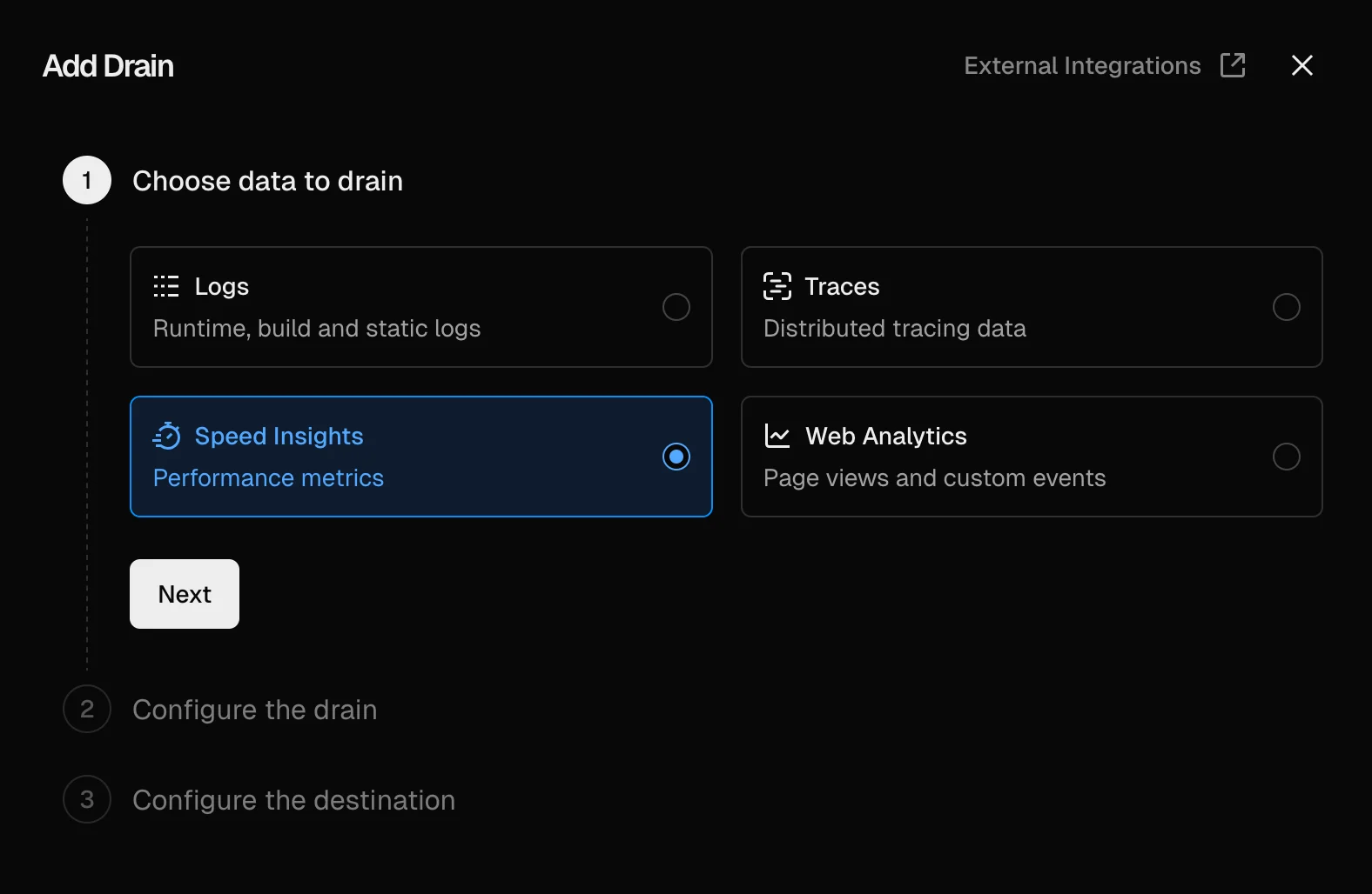 Screenshot of "Add Drain" step in the Vercel UI