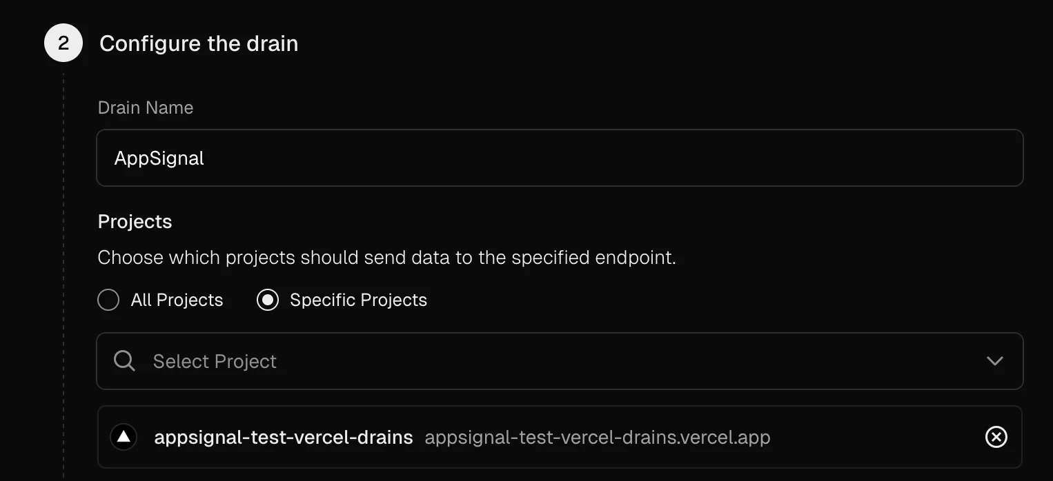 Screenshot of "Configure drain" step in the Vercel UI