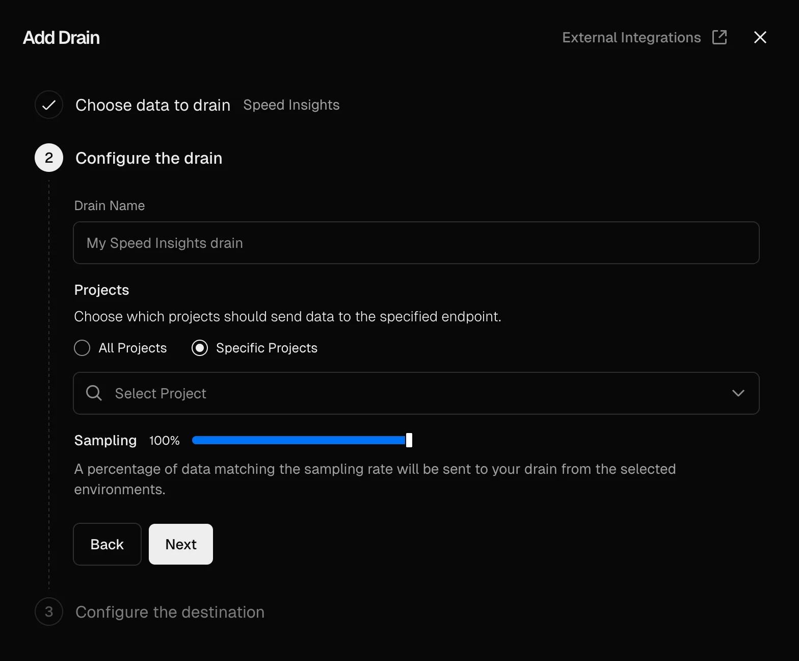 Screenshot of "Add Drain" step in the Vercel UI