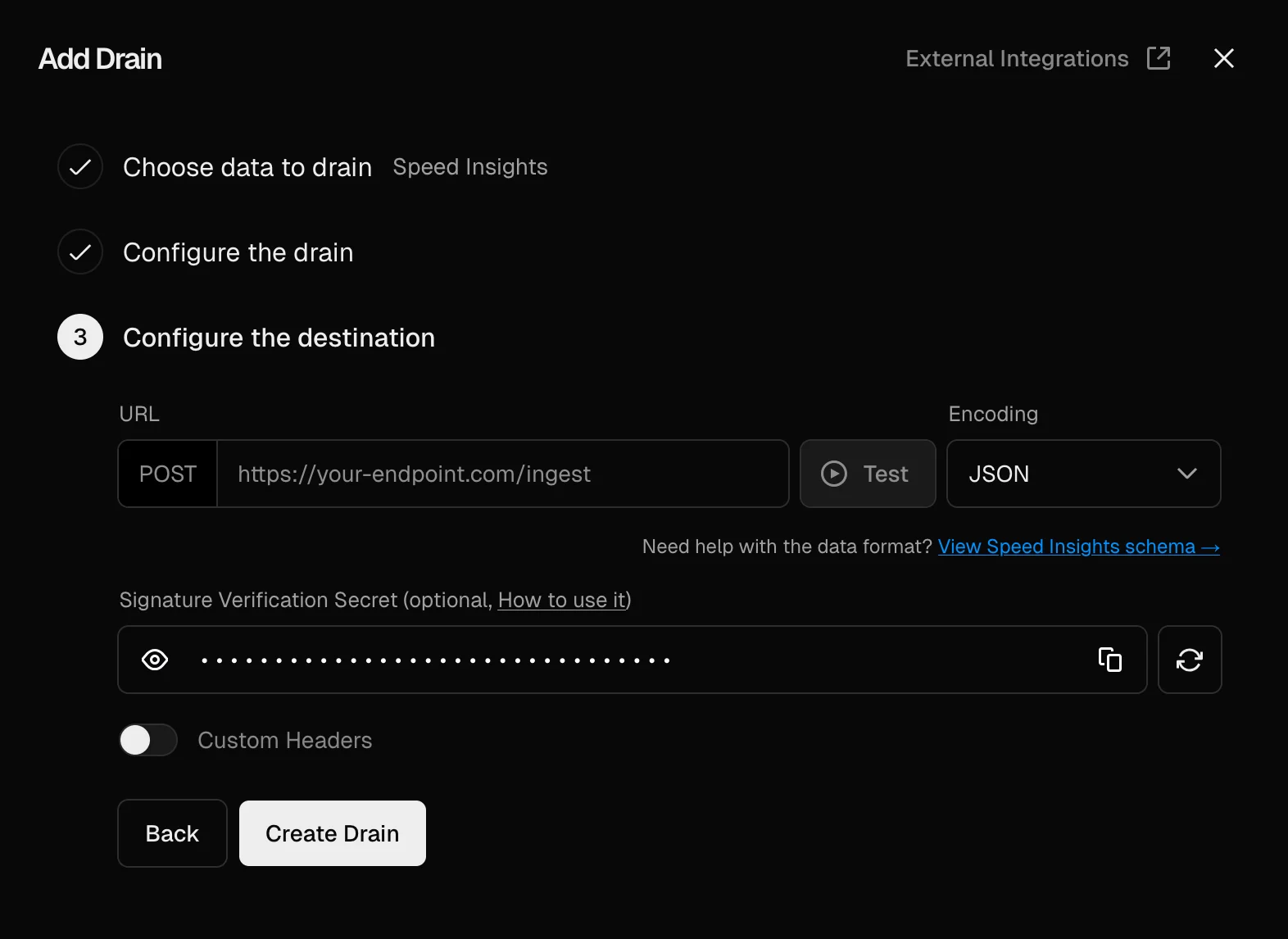 Screenshot of "Configure drain" step in the Vercel UIt