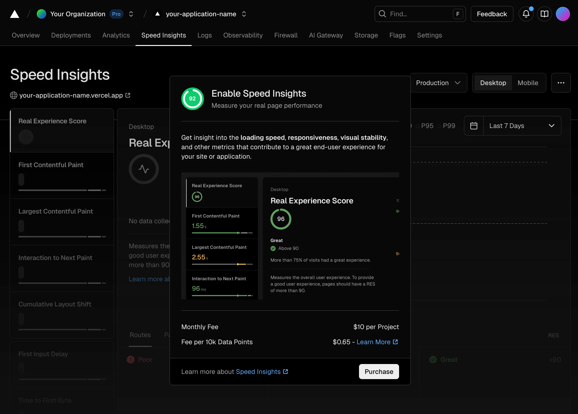 Screenshot of "Enable Speed Insights" dialog in the Vercel UI