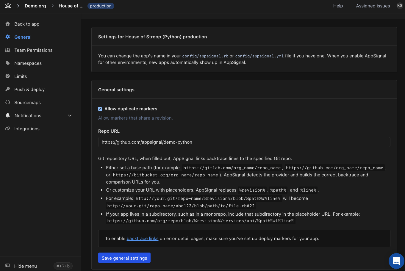 The application's General settings page with the Repo URL field