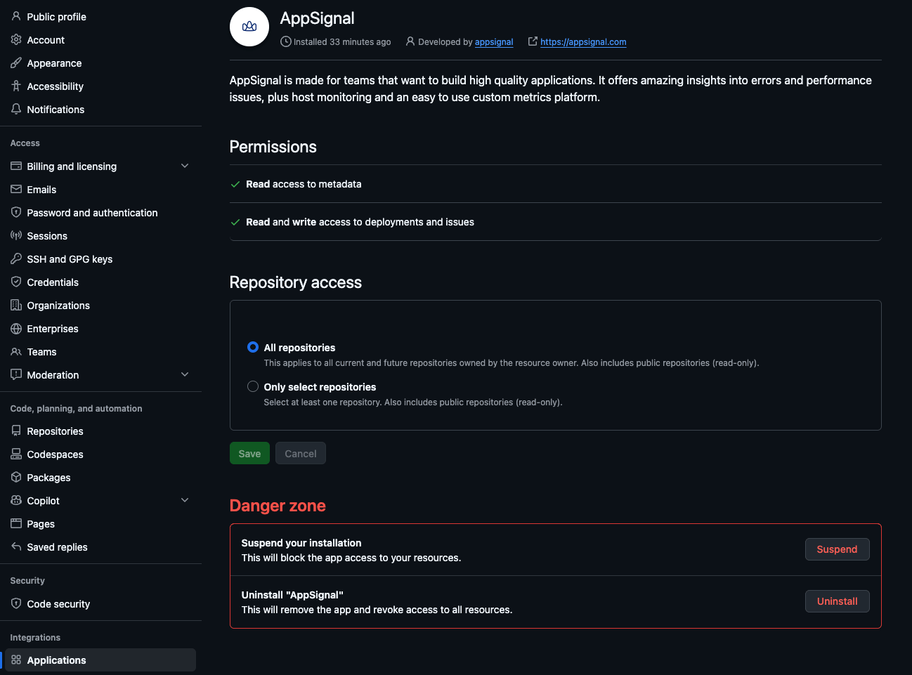 The AppSignal app's settings page on GitHub with the Uninstall button in the Danger zone