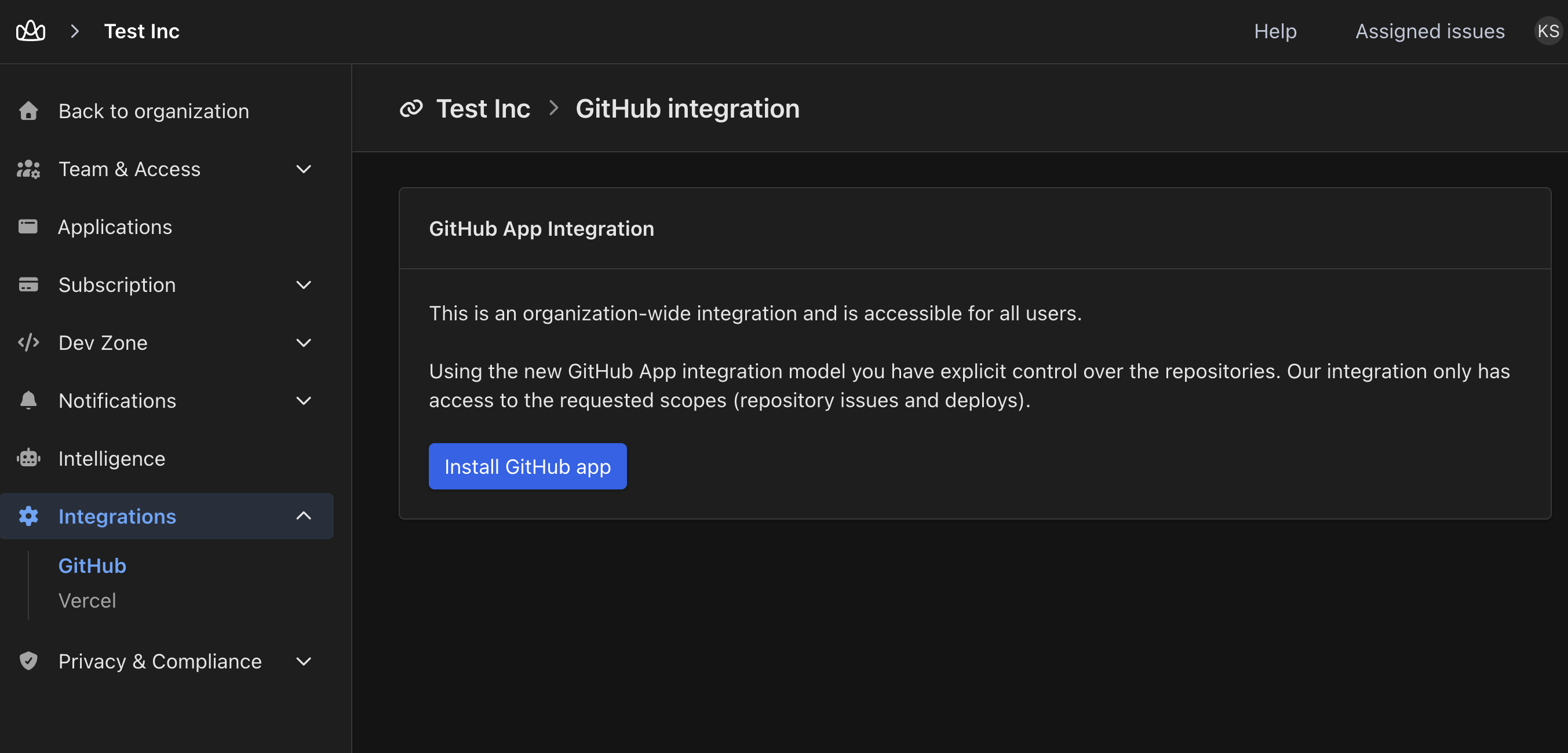 The organization's GitHub integration page with the Install GitHub app button