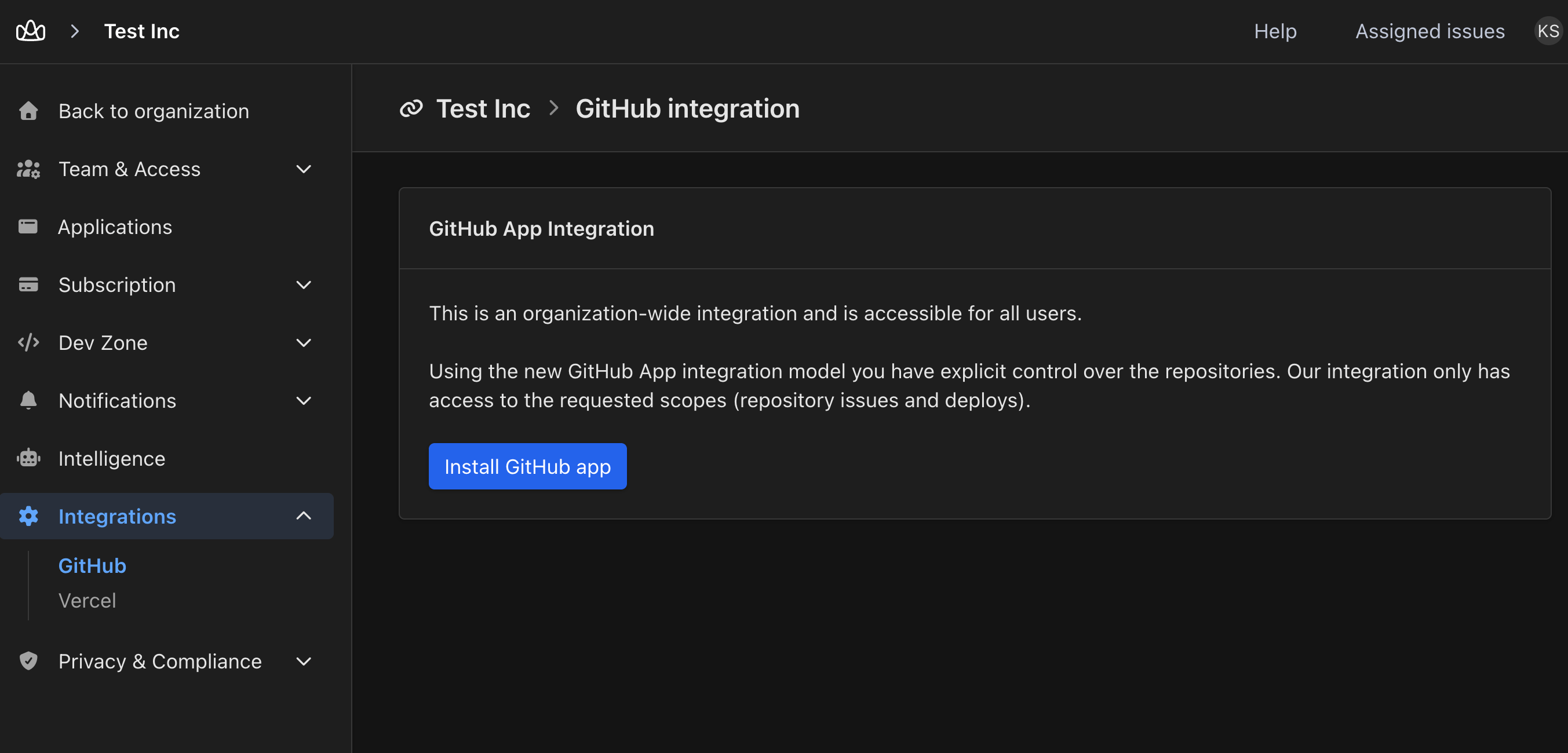The organization's GitHub integration page with the Install GitHub app button