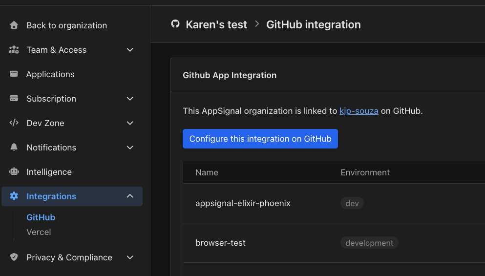 The organization's GitHub integration page with the Configure this integration on GitHub button