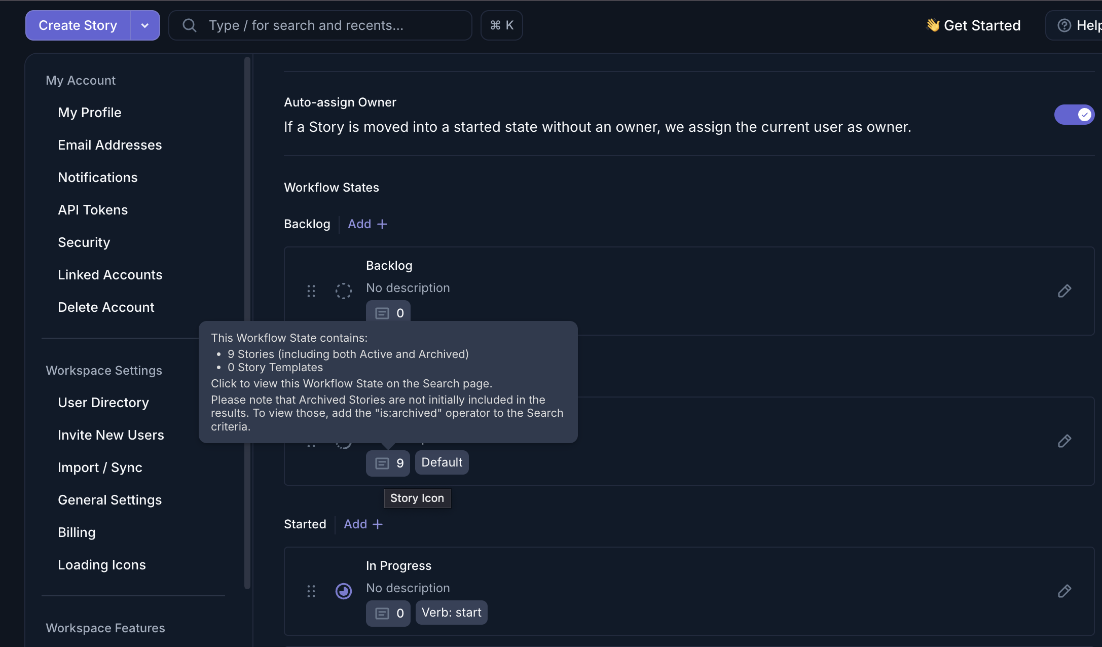 Das Story-Symbol neben einem Workflow-Status in den Workflow-Einstellungen von Shortcut
