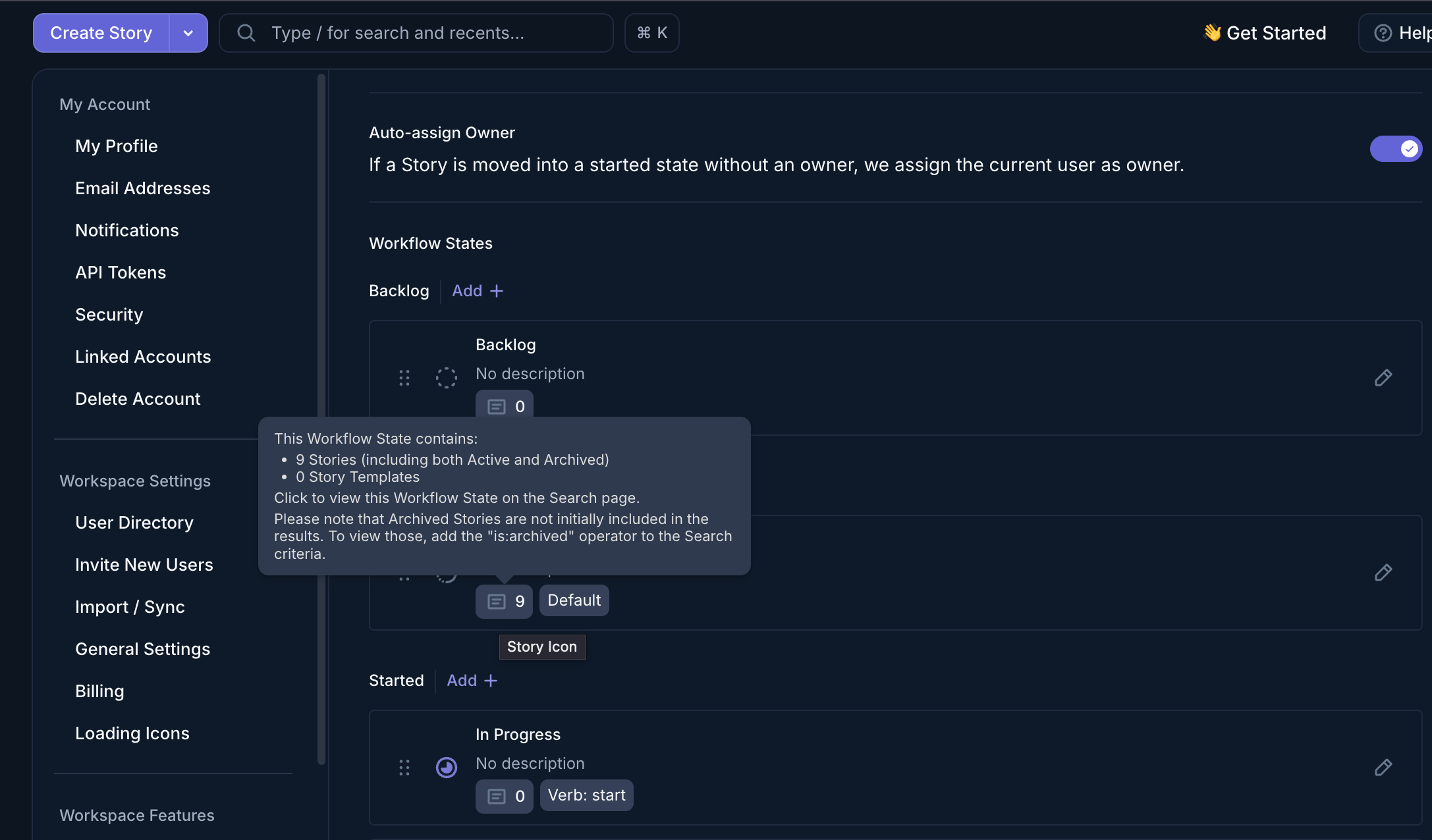 Das Story-Symbol neben einem Workflow-Status in den Workflow-Einstellungen von Shortcut