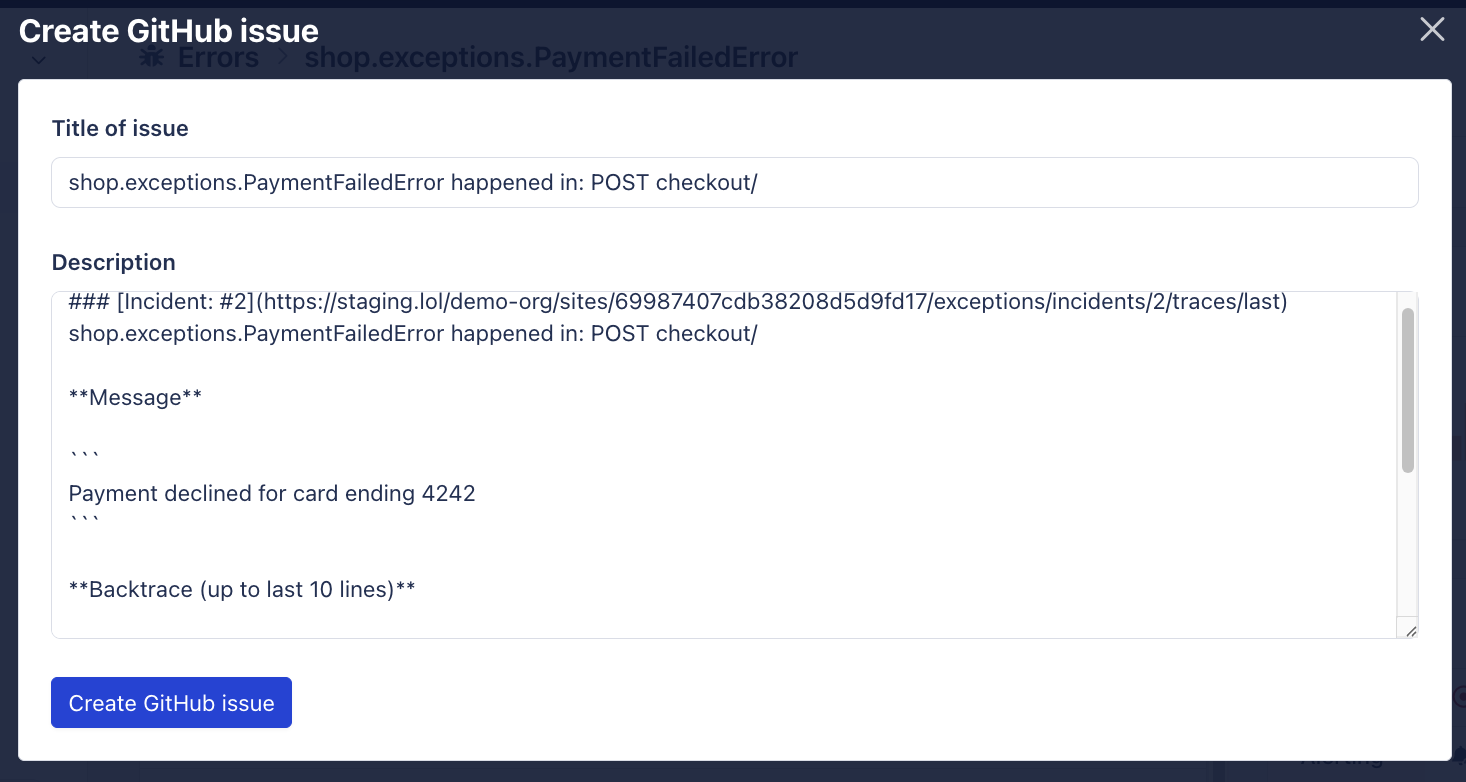 Bildschirm zum Erstellen eines GitHub-Issues mit vorausgefülltem Titel und vorausgefüllter Beschreibung