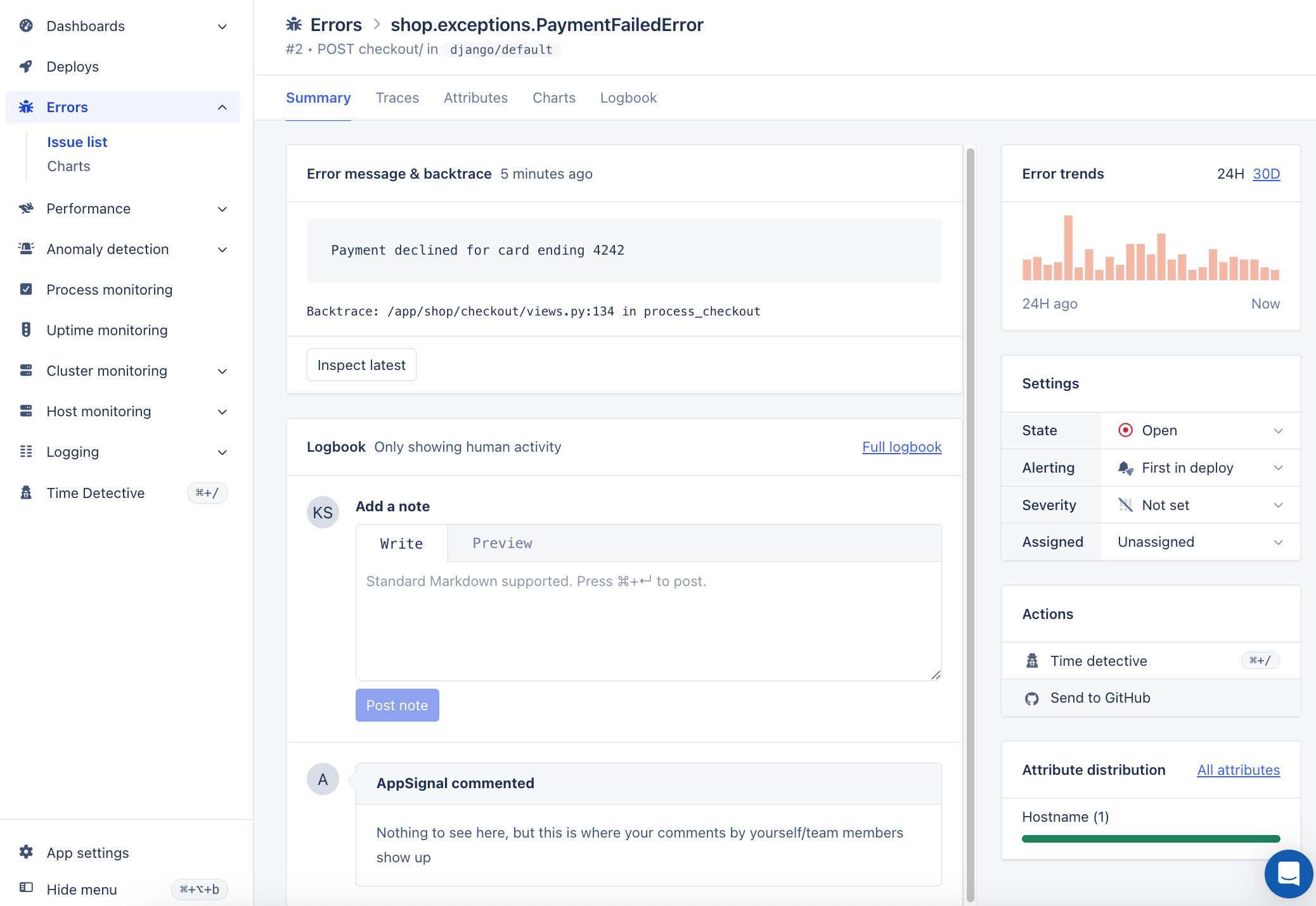 Zusammenfassungsseite eines Fehlervorfalls mit der Aktion „Send to GitHub" im Panel „Actions"