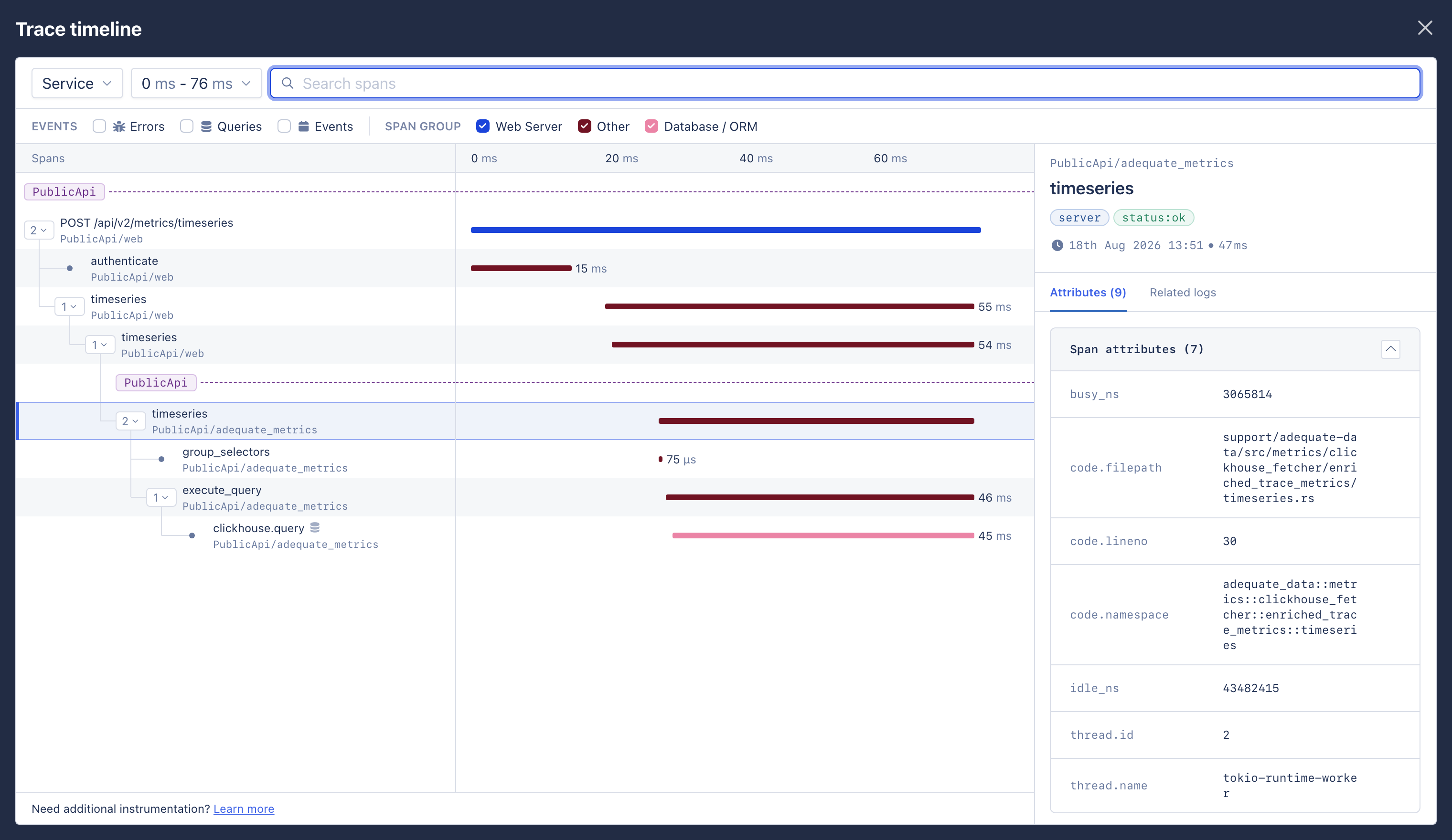 Trace timeline showing a request's spans over time, the event and span group filters, and the attributes of the selected span