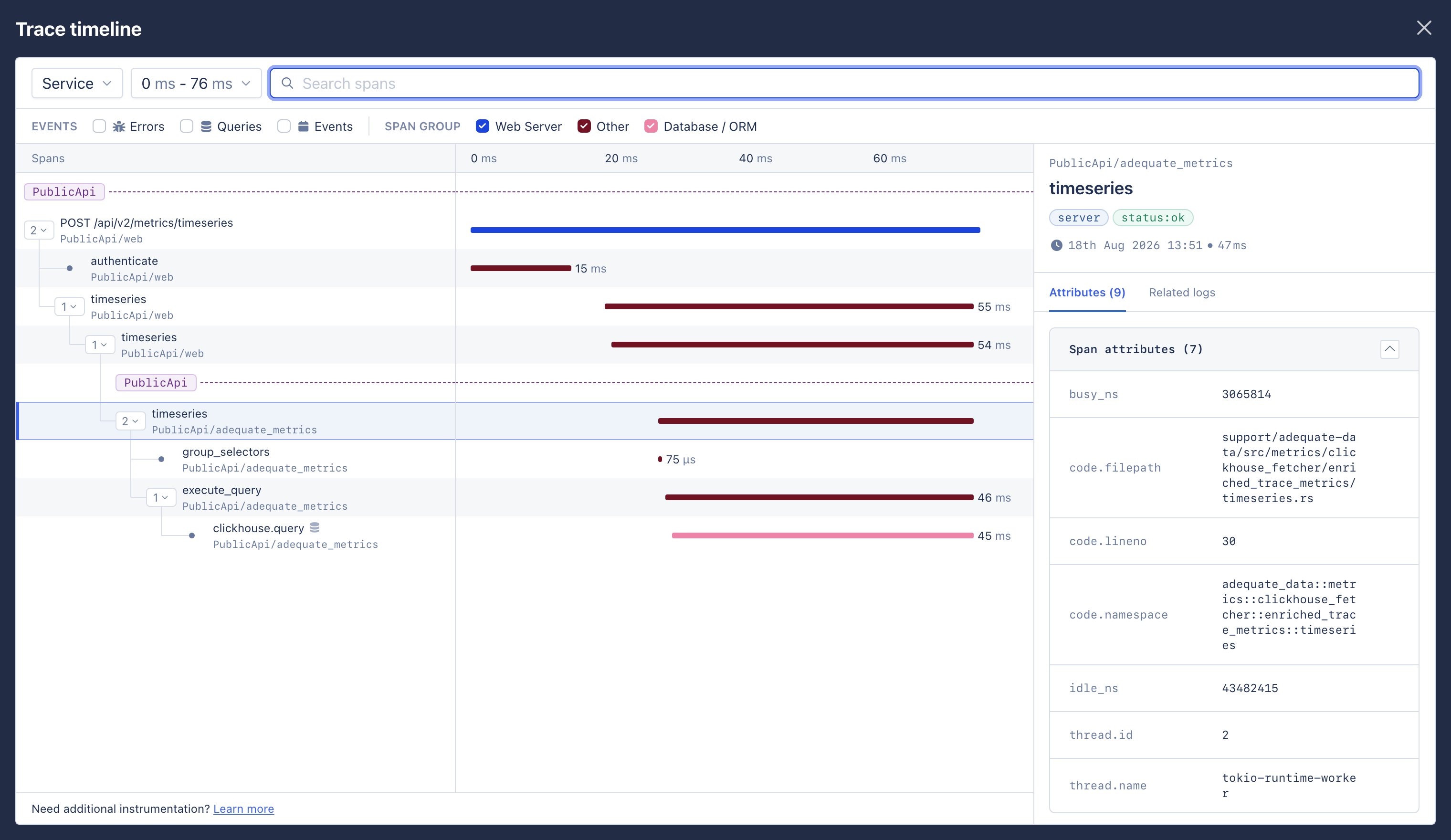 Trace timeline showing a request's spans over time, the event and span group filters, and the attributes of the selected span