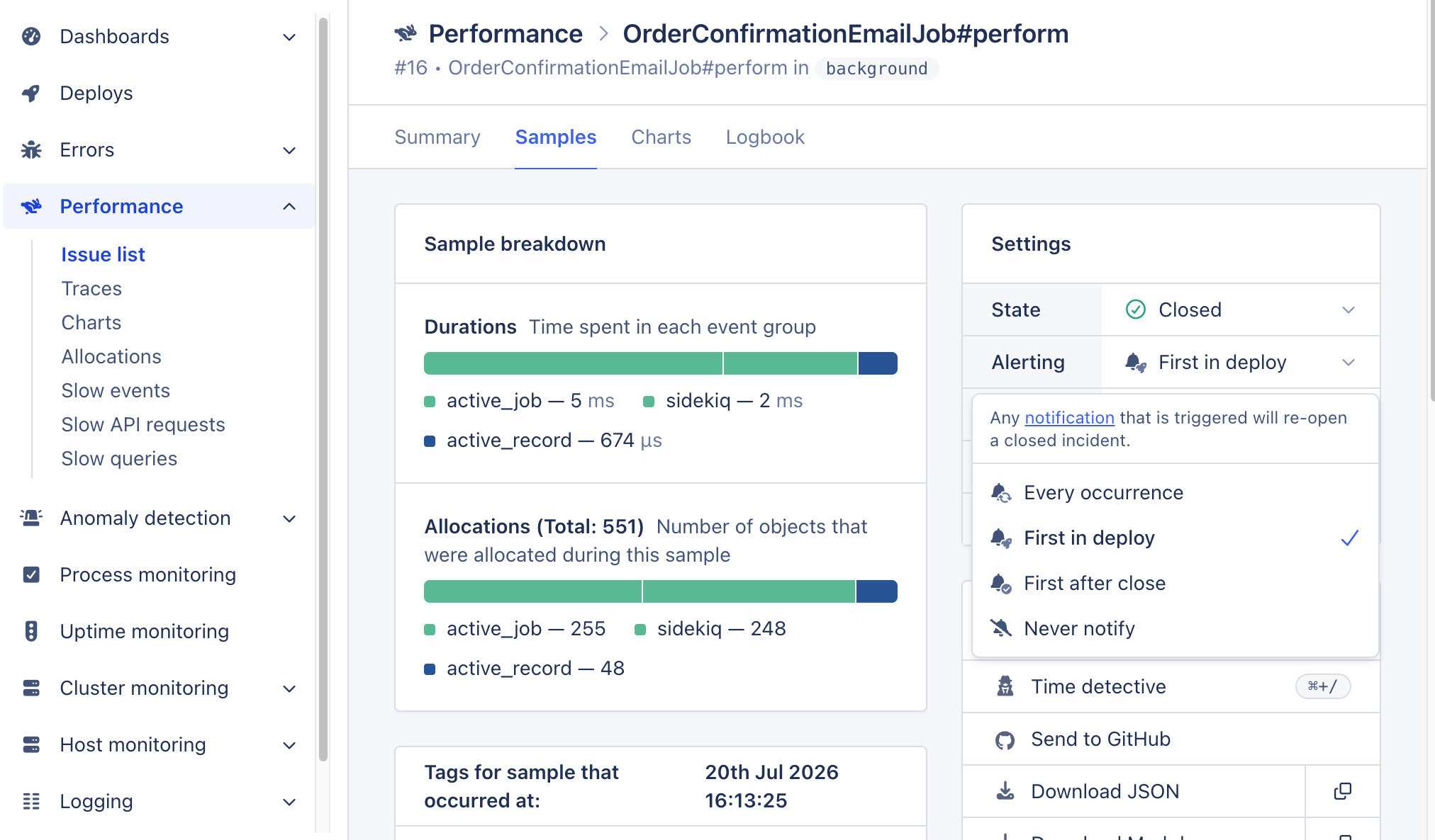 Performance incident notification options