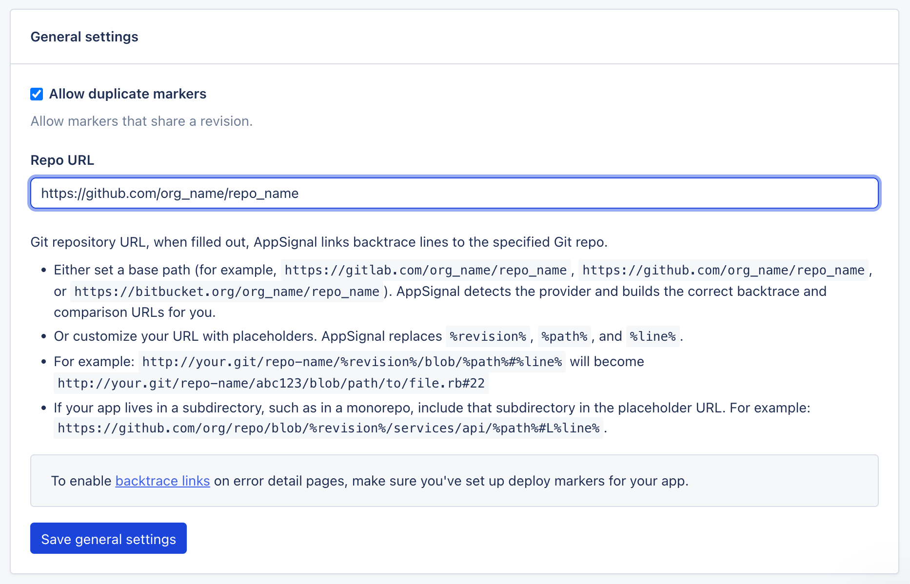 App settings repo URL form