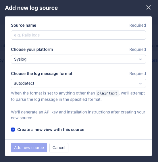 Add new Log Source form