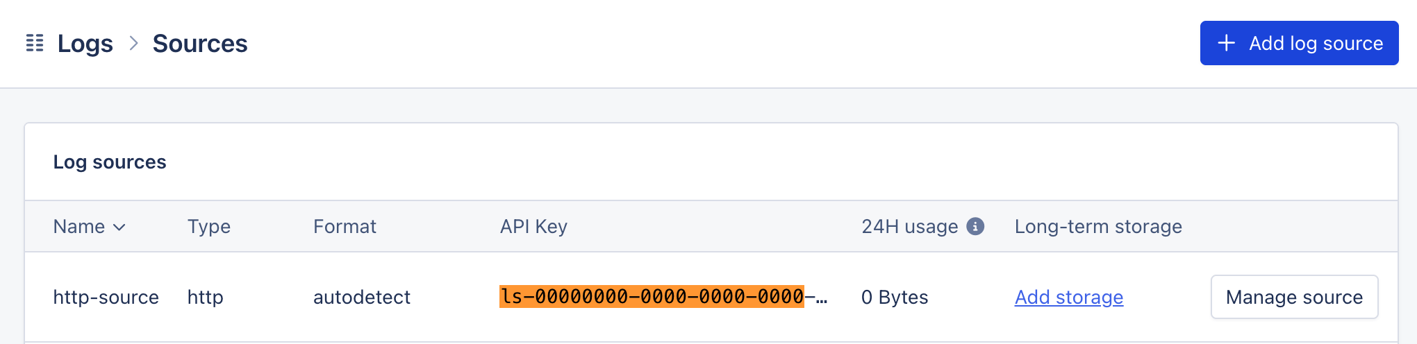 Screenshot of Log Sources table pointing to API key