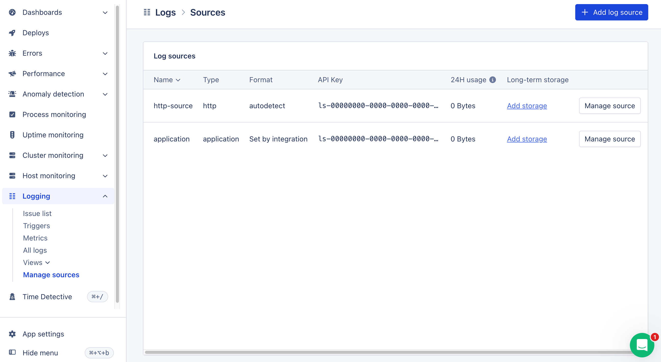 Screenshot of Logging Sources page