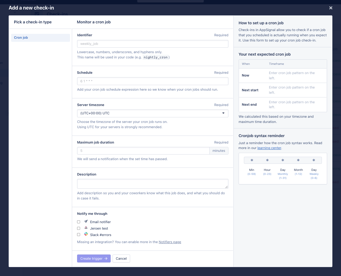 Screenshot of cron process monitors form