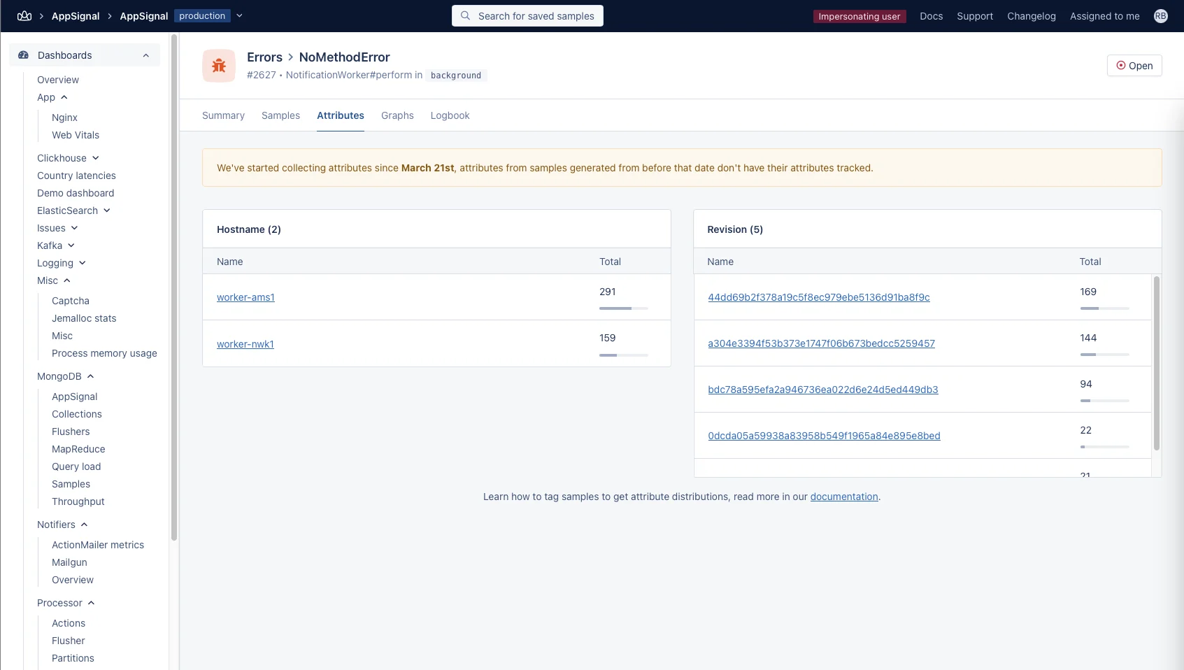 Screenshot of Attributes Page