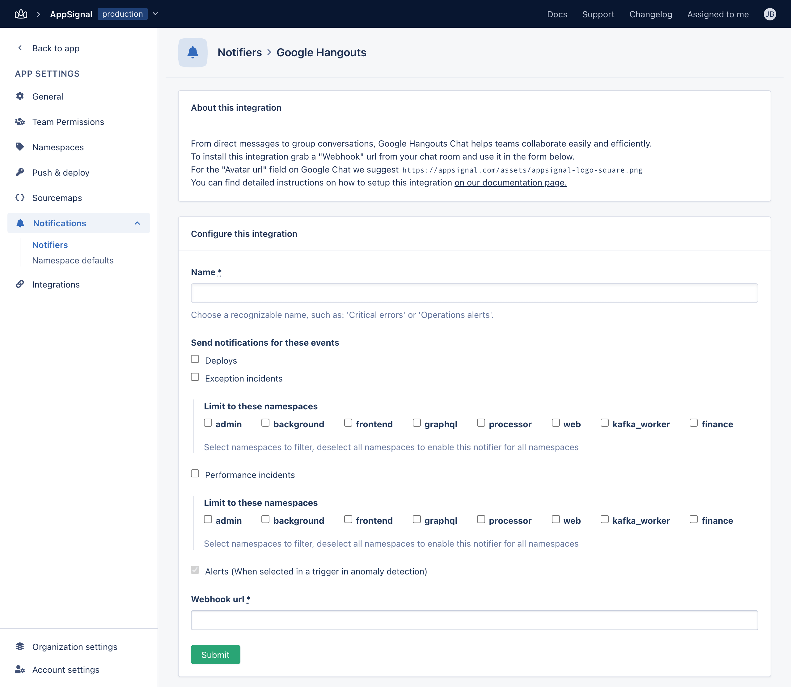 Hangouts integration on AppSignal