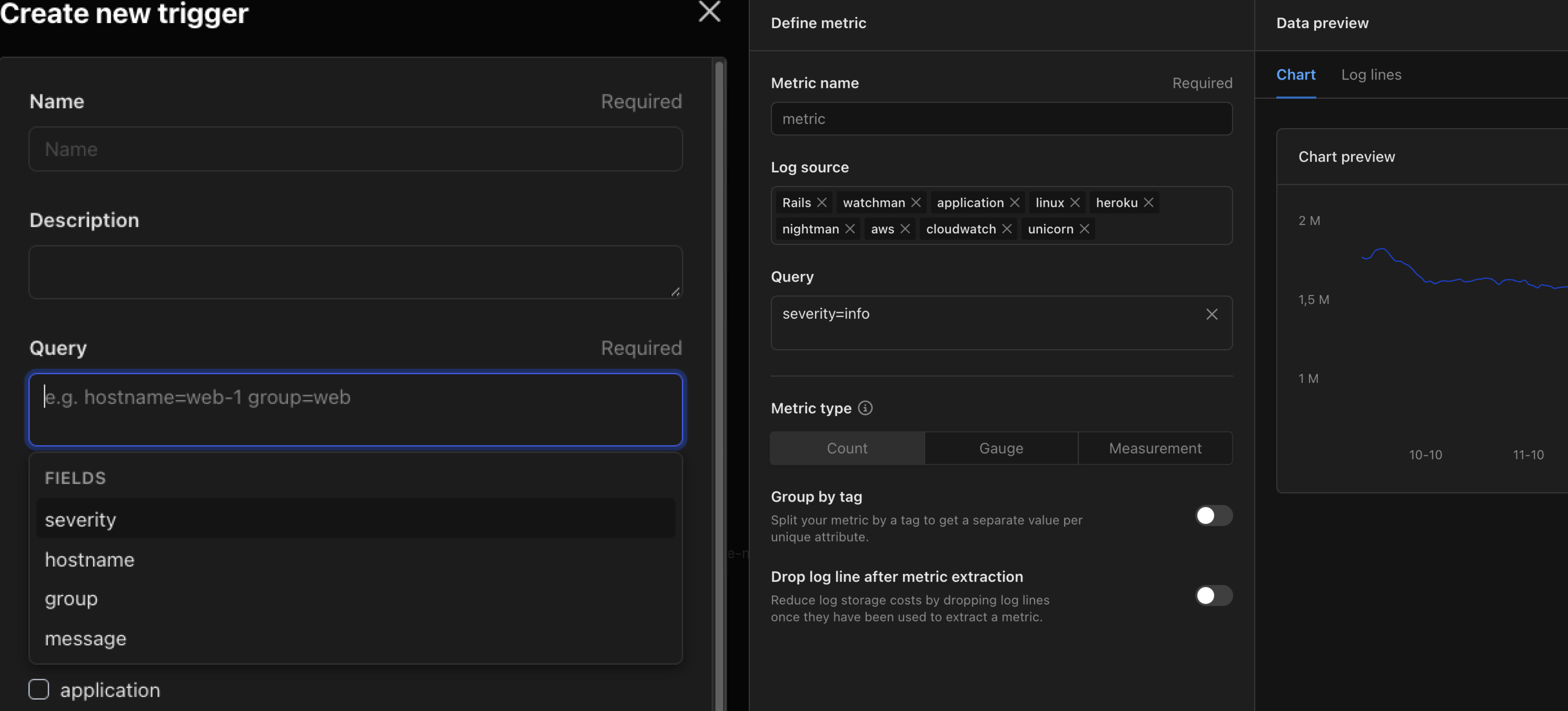 Logs query bar containing autocomplete field suggestions and preselected log source values in the log metrics form