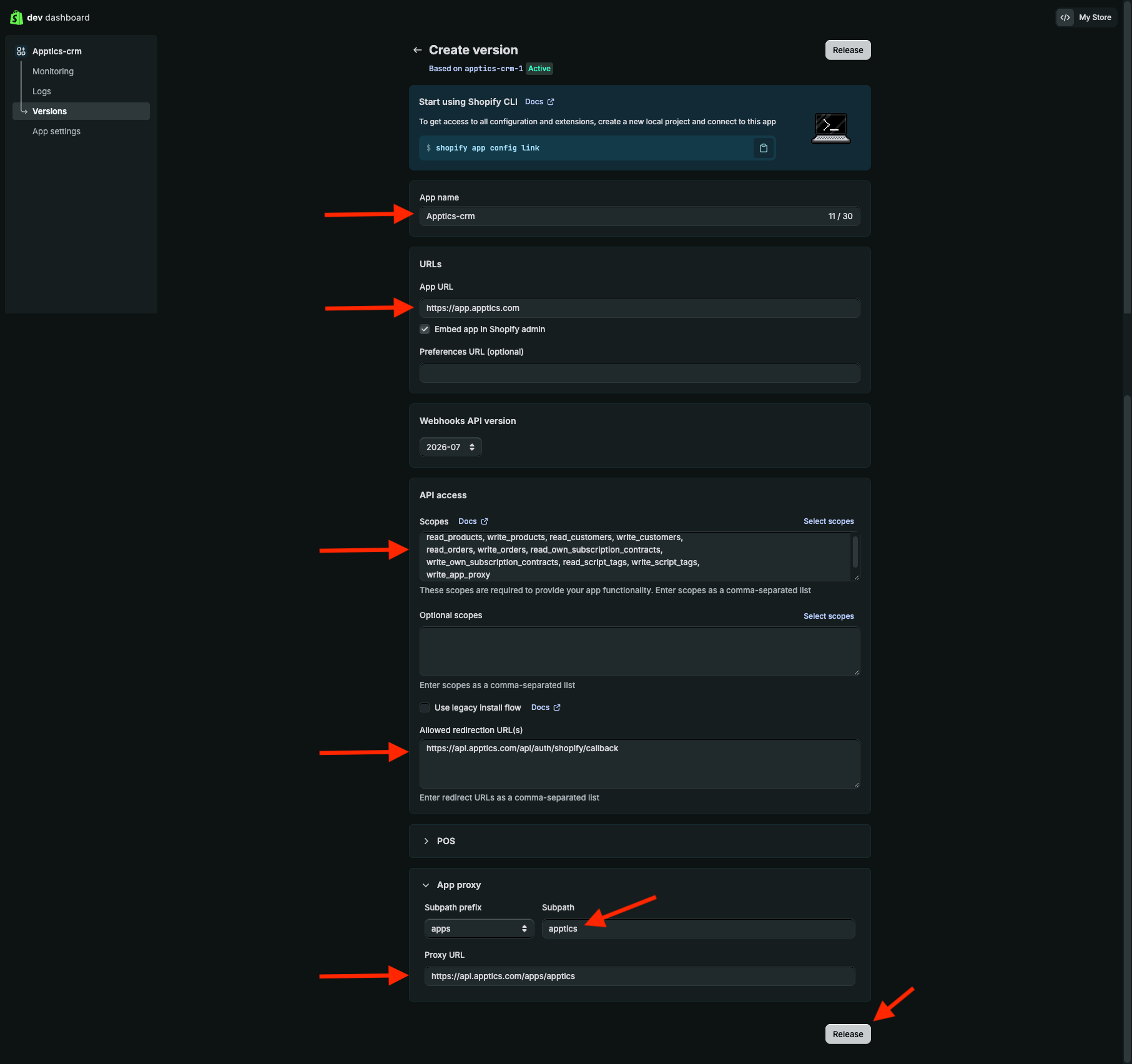 The version form with the App URL, API access, and App proxy fields
