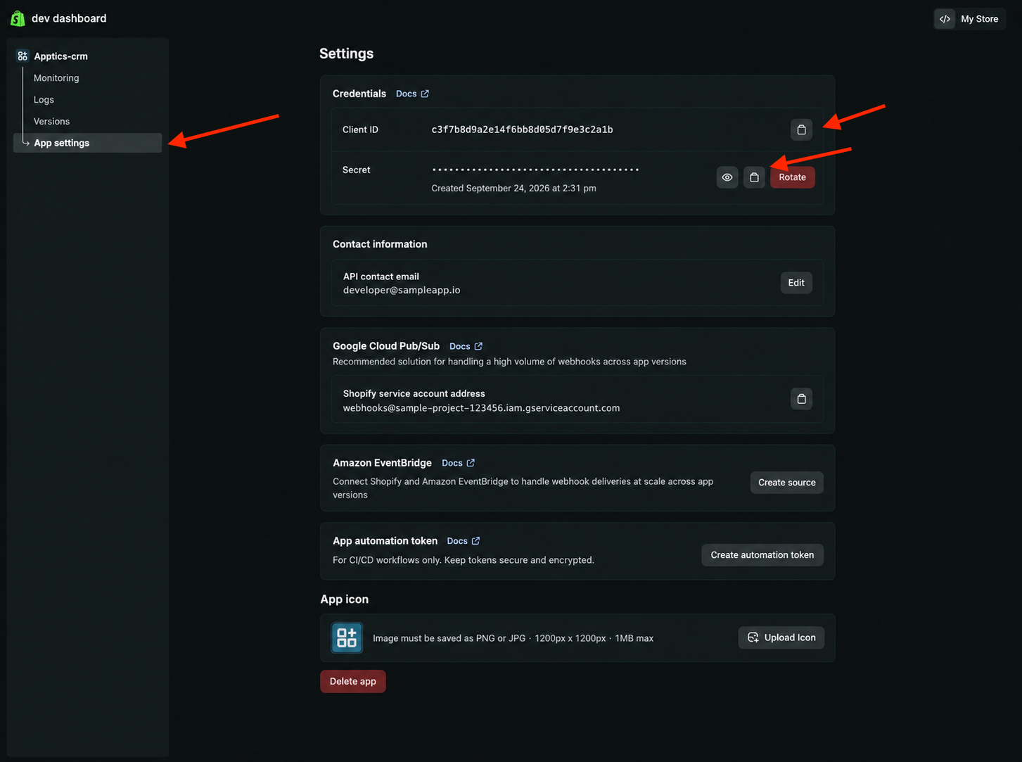 Client ID and Secret under App settings in the dev dashboard