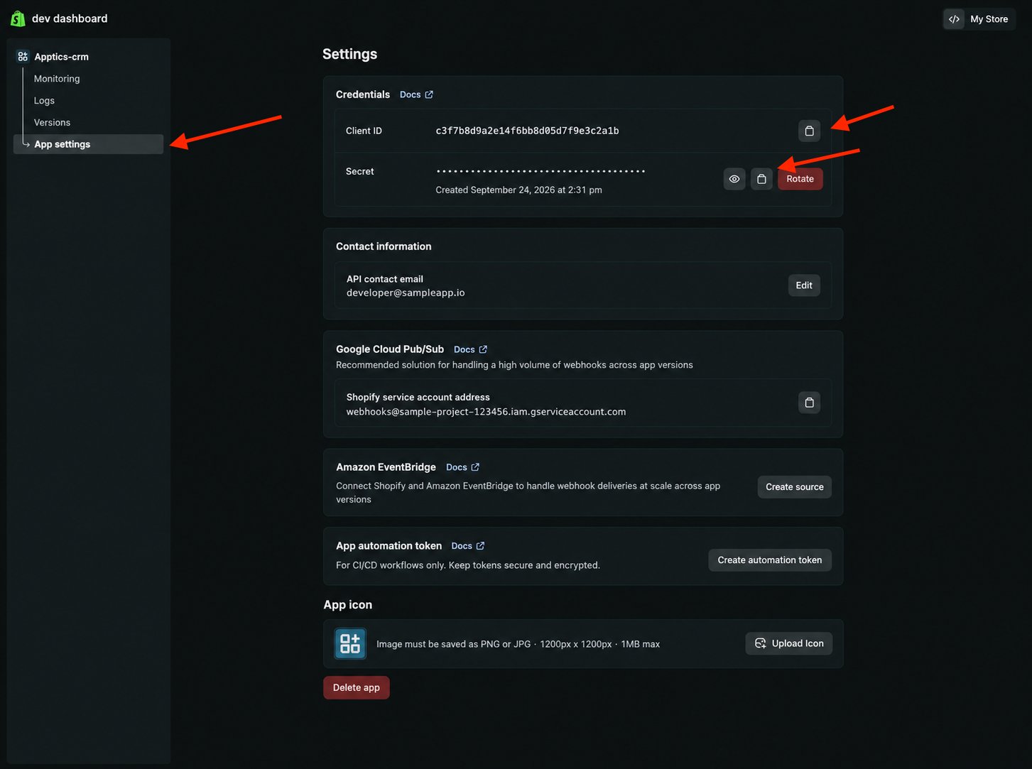 Client ID and Secret under App settings in the dev dashboard