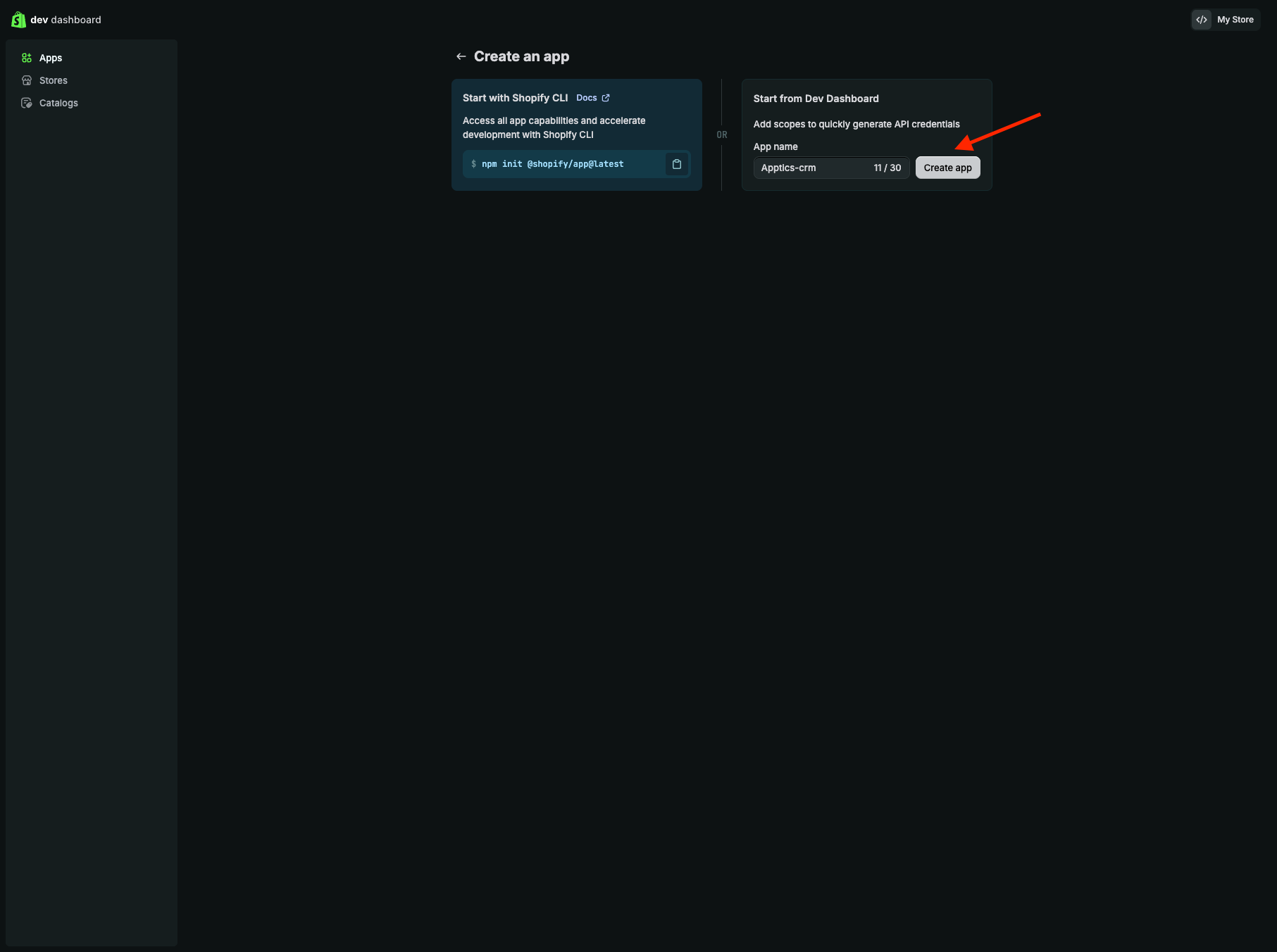 Creating an app in the dev dashboard
